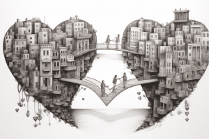 Mosty z serc symbolizujące miłość i budowanie trwałych relacji – grafika psychologiczna